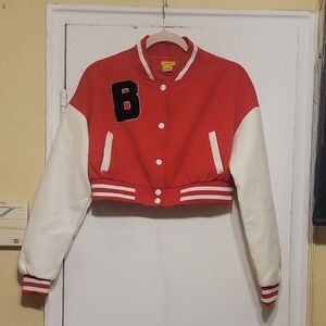 Daisy Red and White Varsity Button Down PU/Polyester Crop Jacket Size S
